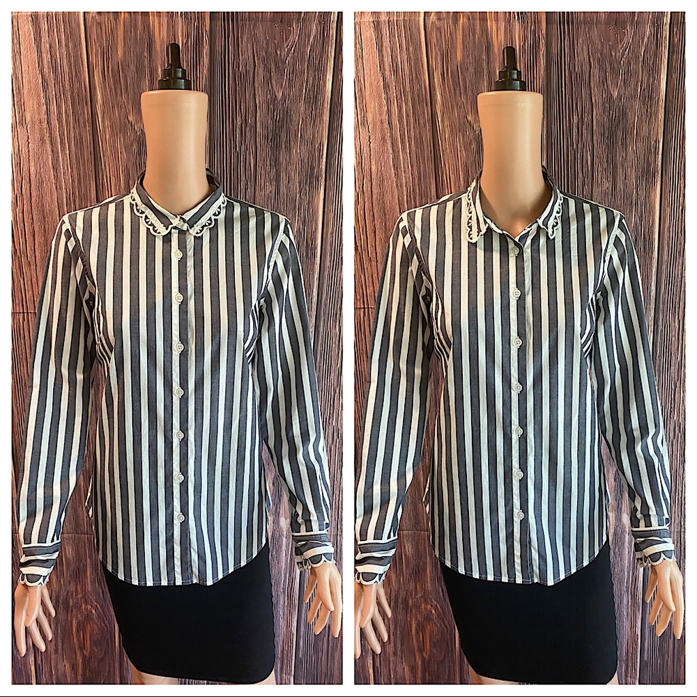 Banana Republic sz 6 dark gray & white vertical stripped embroidered button down